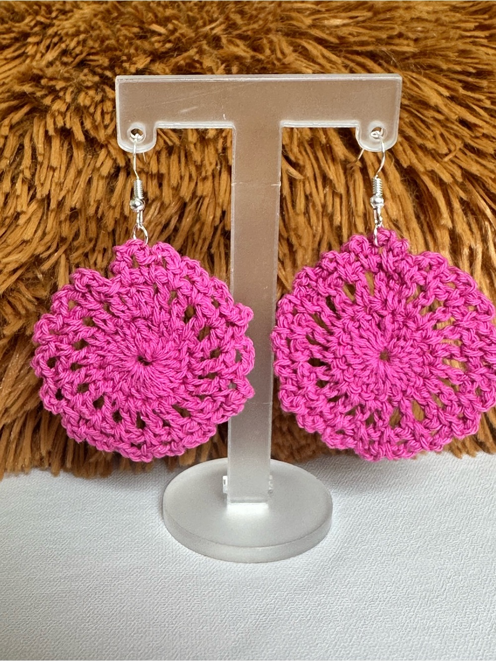 Handmade Pink Crochet Circle Earrings - Women Jewelry